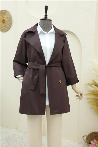 Bolero Detaylı Düğmeli Ara Boy Trençkot -Mürdüm