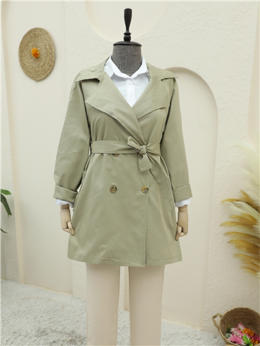 Bolero Detaylı Düğmeli Ara Boy Trençkot -Taş