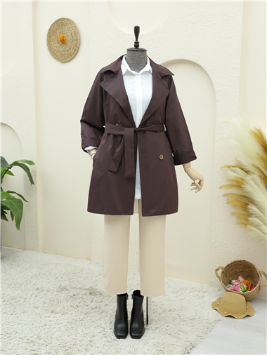 Bolero Detaylı Düğmeli Ara Boy Trençkot -Mürdüm