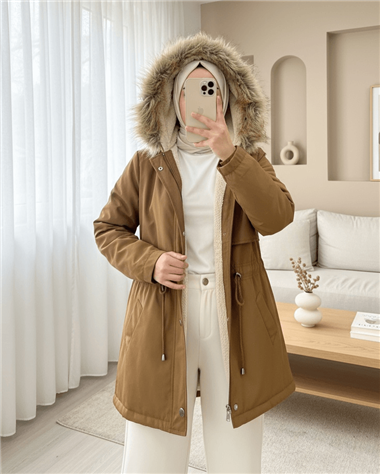 Bolero Detaylı Kürklü Kapşonlu İçi Peluşlu Mont -Taba