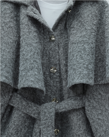 Bolerolu Beli Kemerli Düğmeli Kaşe Kap  -Gri