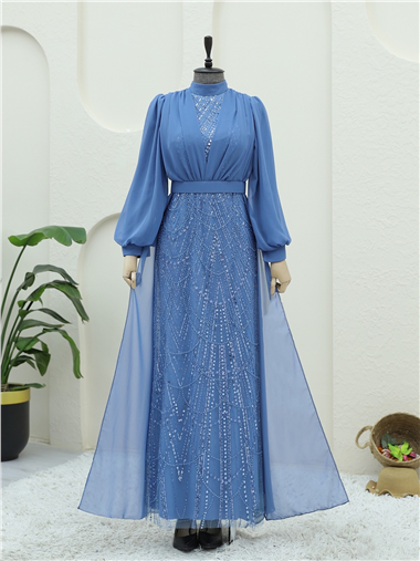 Boncuk Ve Pul Detaylı Kemerli Şifon Abiye -Mavi