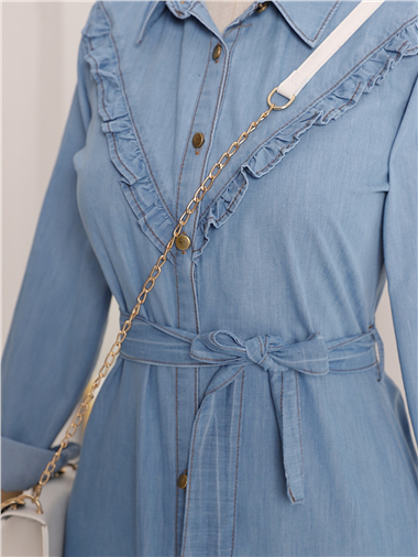 فستان من الدنيم بأزرار مع ربطة على الخصر - أزرق