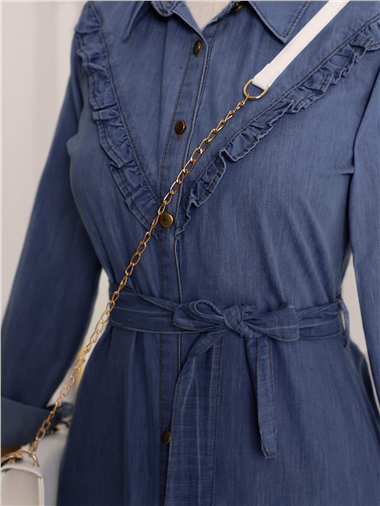 فستان من الدنيم بأزرار مع ربطة على الخصر - نيلي