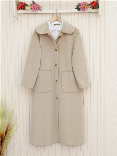 Boydan Düğmeli Cepli Kaban -Açık Vizon