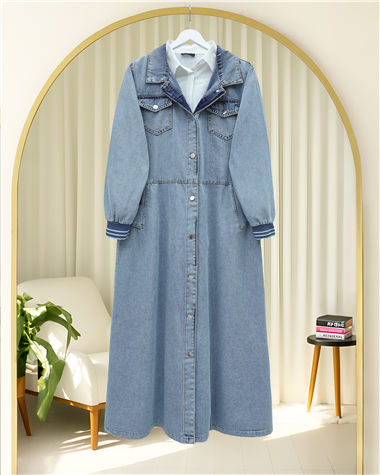 Boydan Düğmeli Cepli Kolu Ribanalı Kot Kap -Buz Mavi