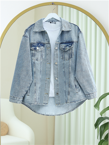 Boydan Düğmeli Cepli Kot Ceket -Buz Mavi