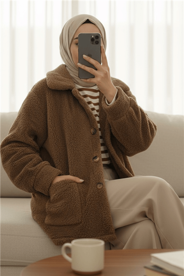 Boydan Düğmeli Cepli Pelüş Ceket    -Taba