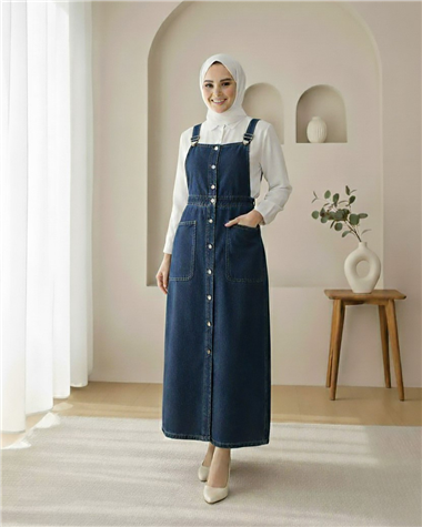 Boydan Düğmeli Çift Cepli Kot Salopet  -Laci