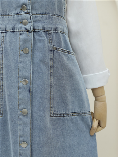 Boydan Düğmeli Çift Cepli Kot Salopet -Buz Mavi