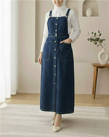 Boydan Düğmeli Çift Cepli Kot Salopet  -Laci