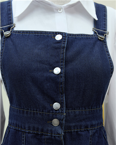 Boydan Düğmeli Çift Cepli Kot Salopet   -Laci