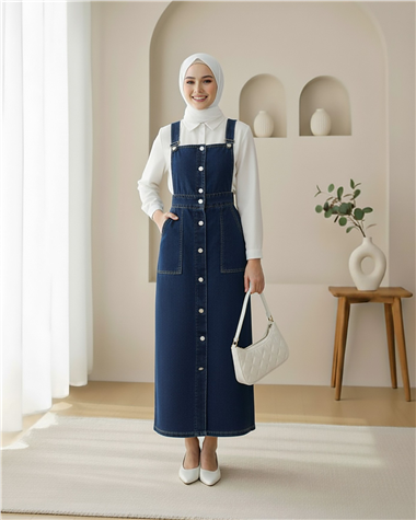 Boydan Düğmeli Çift Cepli Kot Salopet   -Laci