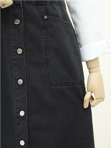 Boydan Düğmeli Çift Cepli Kot Salopet -Siyah