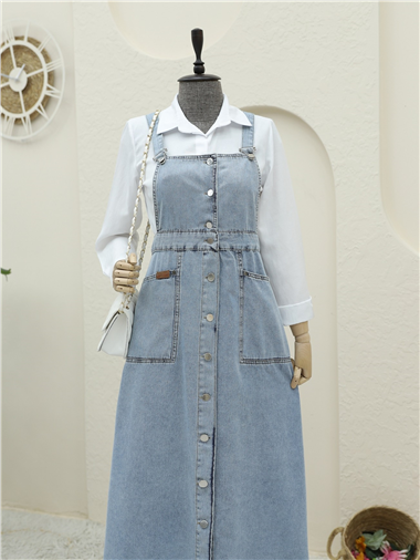 Boydan Düğmeli Çift Cepli Kot Salopet -Buz Mavi