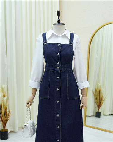 Boydan Düğmeli Çift Cepli Kot Salopet   -Laci