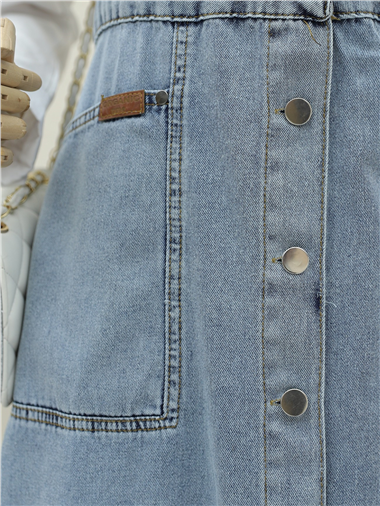 Boydan Düğmeli Çift Cepli Kot Salopet -Buz Mavi