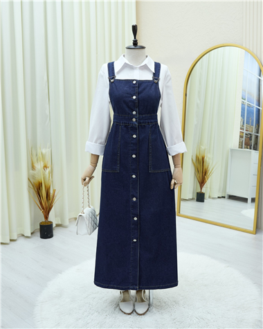 Boydan Düğmeli Çift Cepli Kot Salopet   -Laci