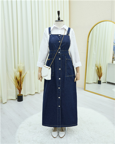 Boydan Düğmeli Çift Cepli Kot Salopet  -Laci