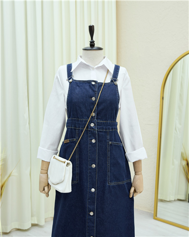 Boydan Düğmeli Çift Cepli Kot Salopet  -Laci