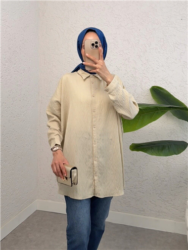 Boydan Düğmeli Desenli Gömlek -Bej