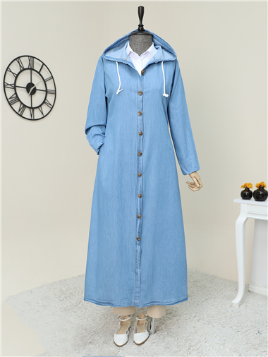 Boydan Düğmeli Kapşonlu Uzun Kot Kap -Açık Mavi