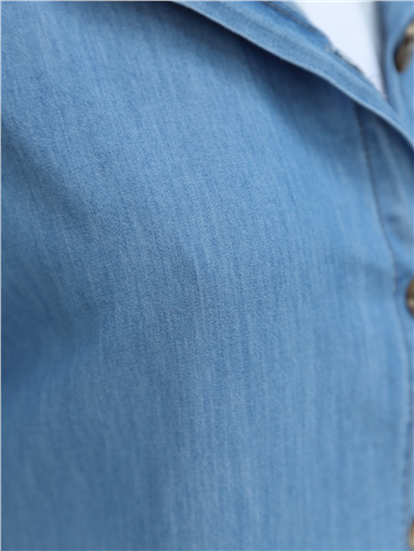 Boydan Düğmeli Kapşonlu Uzun Kot Kap -Açık Mavi