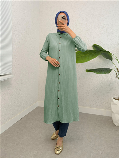 Boydan Düğmeli Kolu Lastikli Uzun Krinkıl Tunik   -Mint