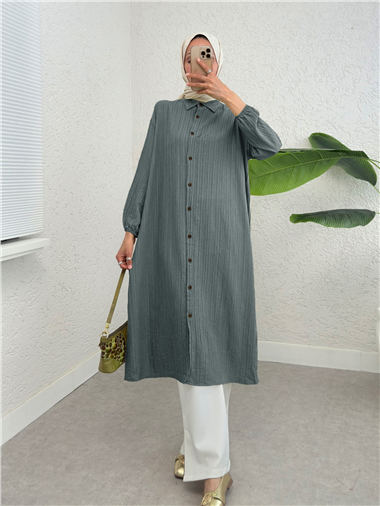 Boydan Düğmeli Kolu Lastikli Uzun Krinkıl Tunik    -Füme