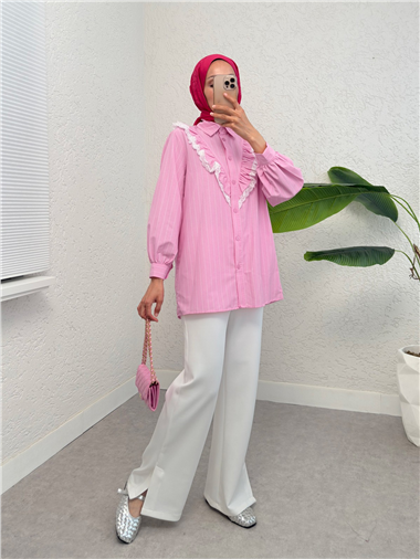 Boydan Düğmeli Önü Dantelli Fırfırlı Çizgili Gömlek -Pembe