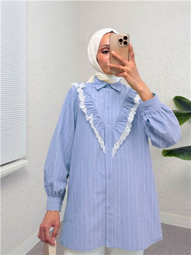 Boydan Düğmeli Önü Dantelli Fırfırlı Çizgili Gömlek -Bebe Mavi