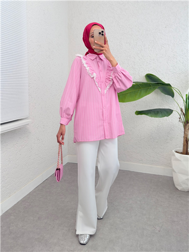 Boydan Düğmeli Önü Dantelli Fırfırlı Çizgili Gömlek -Pembe