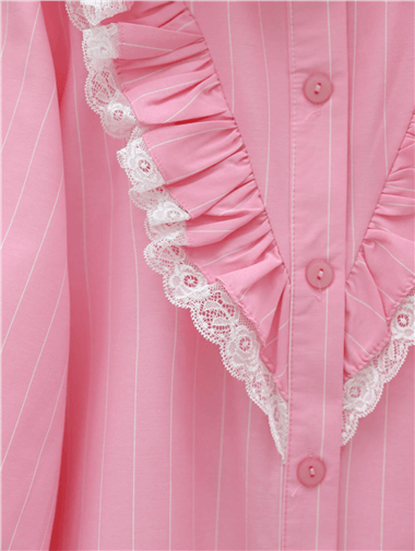 Boydan Düğmeli Önü Dantelli Fırfırlı Çizgili Gömlek -Pembe