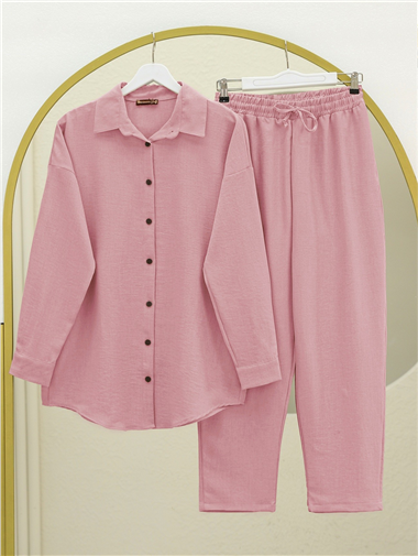 Boydan Düğmeli Pantolon Gömlek Keten Takım -Pudra