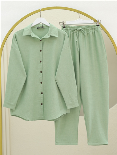 Boydan Düğmeli Pantolon Gömlek Keten Takım -Su Yeşili