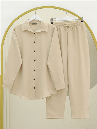 Boydan Düğmeli Pantolon Gömlek Keten Takım -Bej