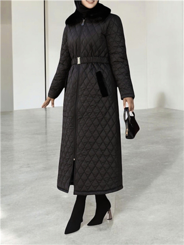 Boydan Fermuarlı Kapitone Uzun Mont -Siyah