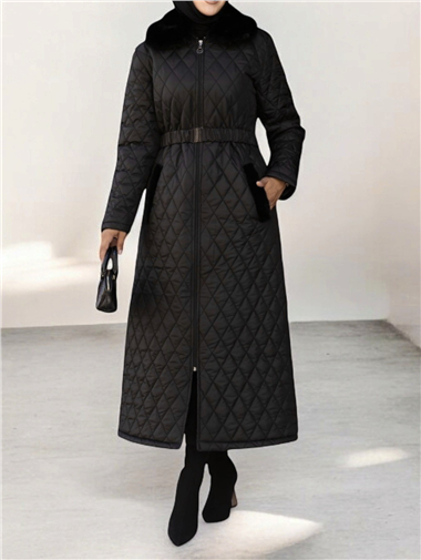 Boydan Fermuarlı Kapitone Uzun Mont -Siyah