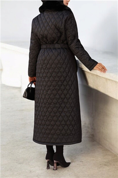 Boydan Fermuarlı Kapitone Uzun Mont -Siyah