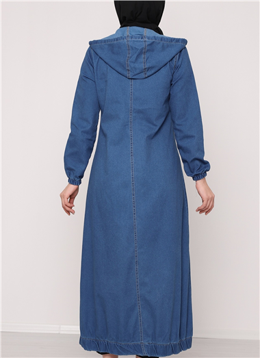 Boydan Fermuarlı Kapşonlu Kot Kap -Mavi