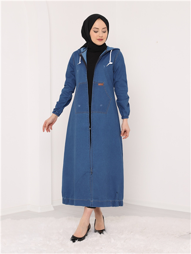 Boydan Fermuarlı Kapşonlu Kot Kap -Mavi