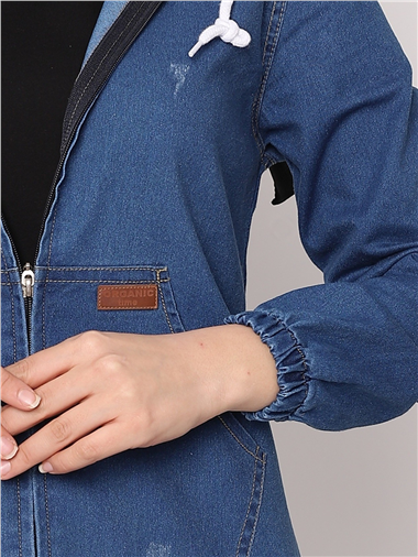 Boydan Fermuarlı Kapşonlu Kot Kap -Mavi