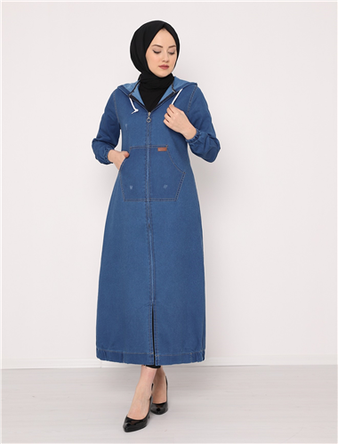 Boydan Fermuarlı Kapşonlu Kot Kap -Mavi