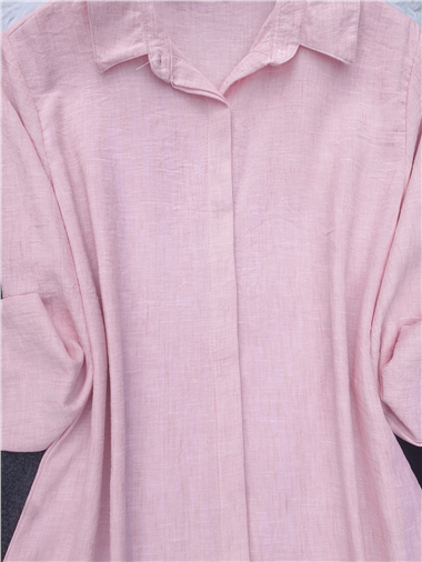 Boydan Gizli Düğmeli Keten Tunik -Pembe
