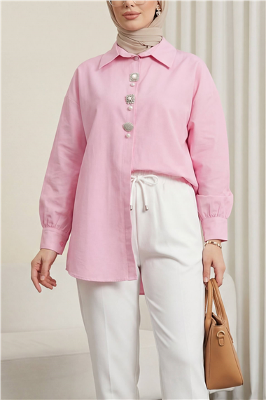 Broş Detaylı Gizli Düğmeli Poplin Gömlek -Pembe