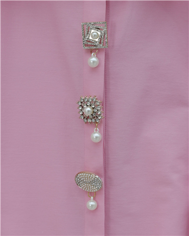 Broş Detaylı Gizli Düğmeli Poplin Gömlek -Pembe