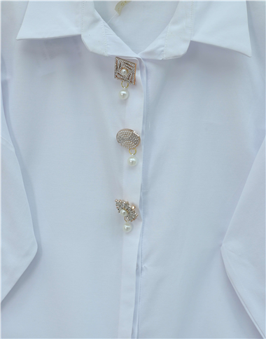 Broş Detaylı Gizli Düğmeli Poplin Gömlek -Beyaz