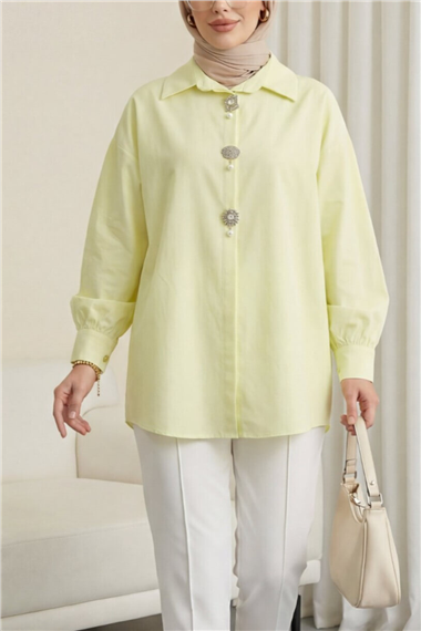 Womens Brooch Detail Concealed-Button Poplin Shirt - Light Yellow