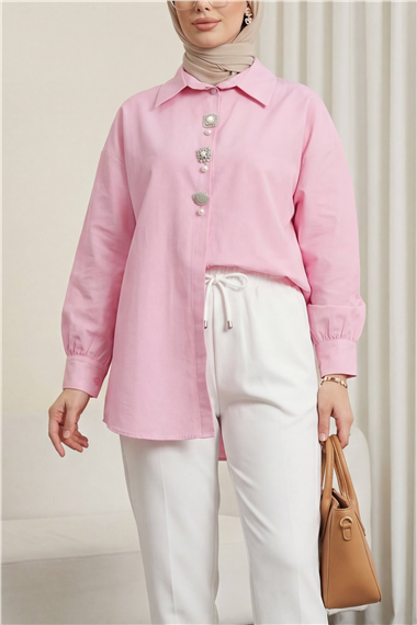 Broş Detaylı Gizli Düğmeli Poplin Gömlek -Pembe