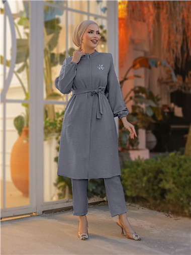 Broşlu Keten Tunik -Gri